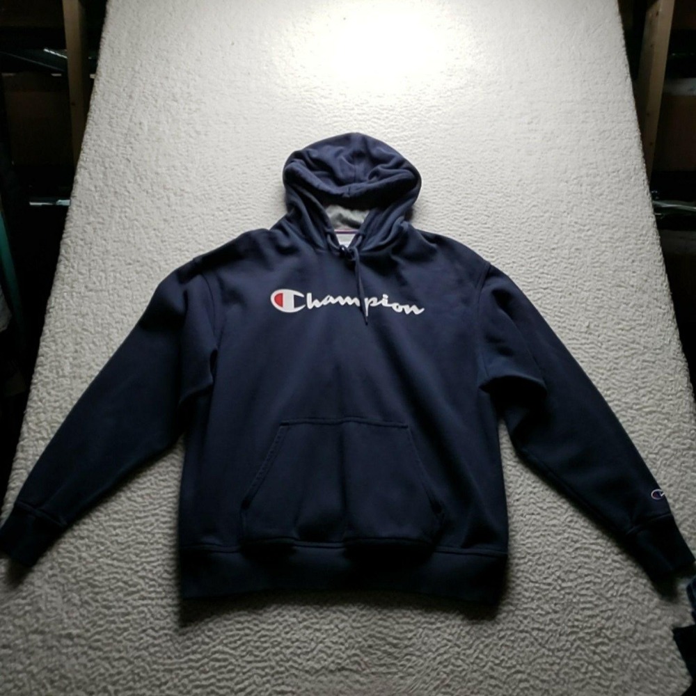Champion Hoodie Mens XL Blue Fleece Pullover Kangaroo Script Logo Sweatshirt